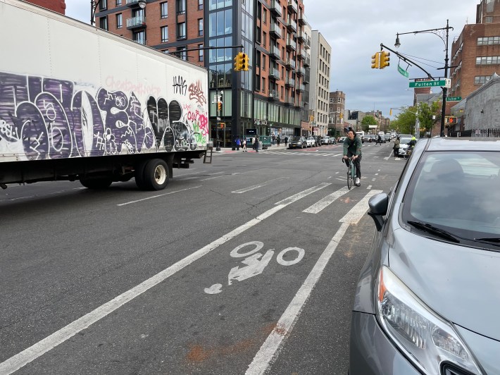 A cyclist bikes north on Bedford Avenue. Photo: Dave Colon